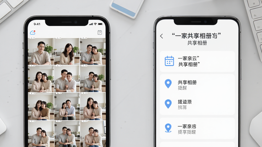 一家亲云共享相册与关怀提醒功能展示图,画面左侧是手机显示相册网格,右侧是提醒设置面板,背景是浅灰色桌面,布局左右分栏,风格简约商务,细节包含照片缩略图、日历图标、位置标记,画质高清,干净,无多余元素,图片中文字加引号“一家亲云”“共享相册”