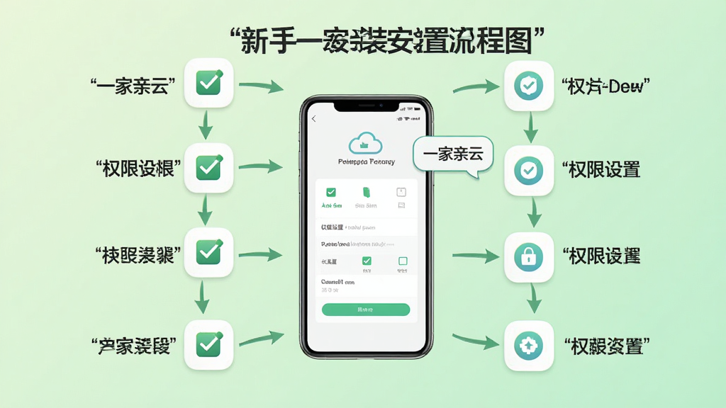 一家亲云新手安装设置流程图,画面中央是手机屏幕显示权限设置页面,周围环绕安装步骤图标,背景是浅绿色渐变,布局采用纵向流程图,风格清晰直观,细节包含勾选框、箭头、提示气泡,画质高清,干净,无多余元素,图片中文字加引号“一家亲云”“权限设置”