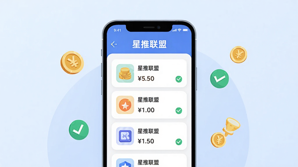 画面中央展示一部智能手机,屏幕上打开着一个任务列表应用界面,界面顶部有“星推联盟”文字标题,下方排列着多个任务卡片,卡片上有小图标和金额数字。背景是简洁的浅蓝色渐变,手机周围漂浮着金币和勾选标记的小图标。整体风格为扁平化UI插画,色彩明亮干净,画质清晰,无多余元素。