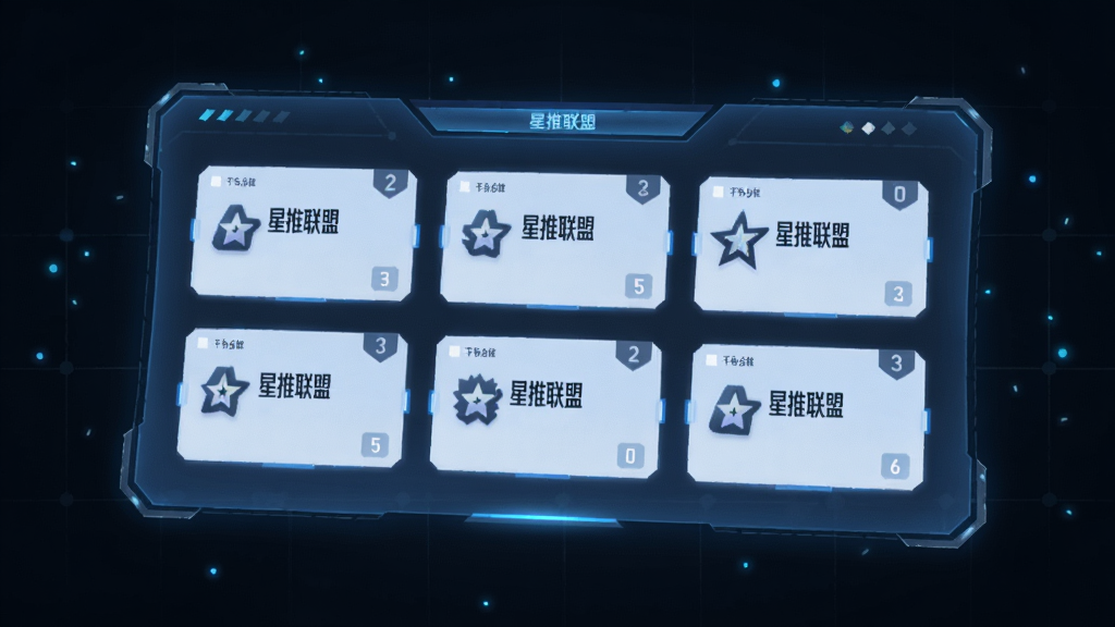 画面主体是一个发光的任务面板悬浮在空中,面板上排列着“星推联盟”字样的任务卡片,每张卡片带有小图标和数字标签。背景是深色科技感风格,有微弱的网格线和光点装饰,任务卡片发出柔和的蓝光。风格为未来感UI概念图,细节精致,画质清晰,无多余元素。