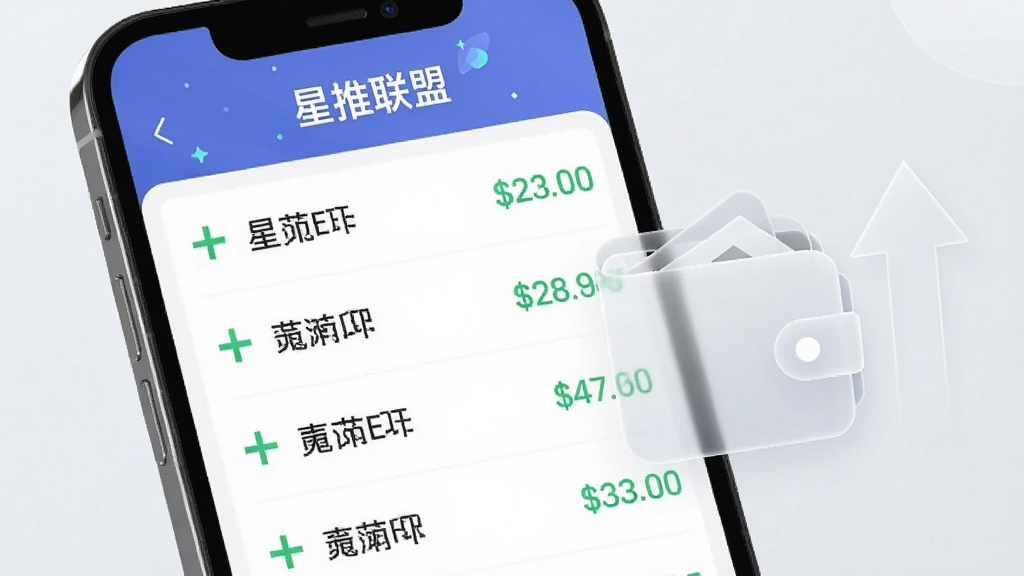 画面展示一个手机屏幕上的收益明细页面,顶部有“星推联盟”文字,下方是列表形式的多条收入记录,每条带有绿色加号和金额。屏幕旁边有一个半透明钱包图标和上升的箭头。背景为浅灰色极简风格,整体干净整洁,画质清晰,无多余元素。