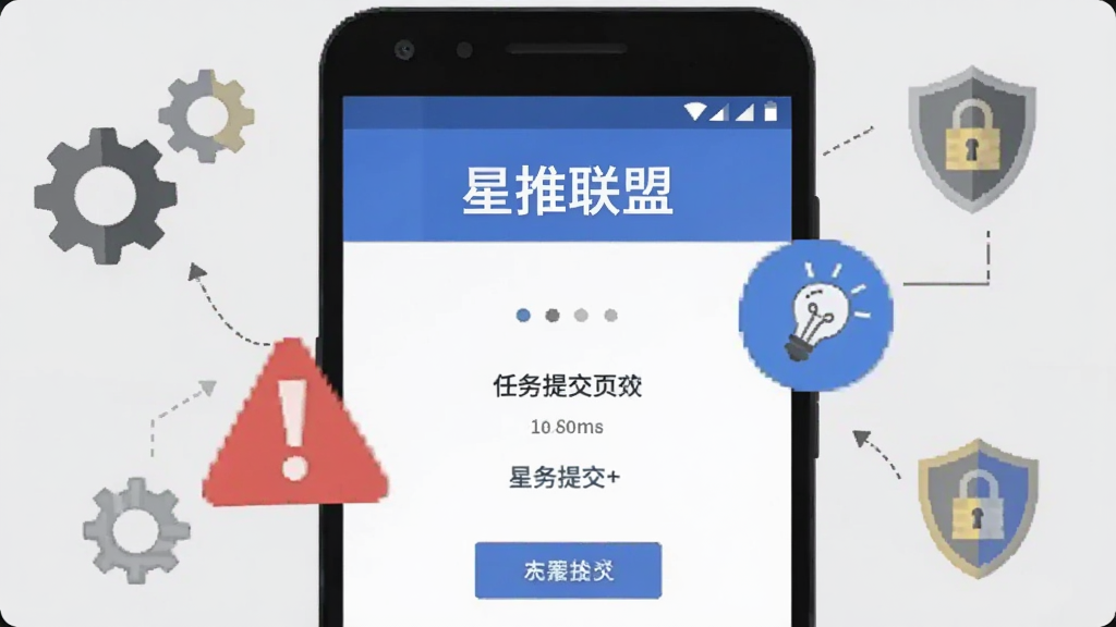画面展示一部安卓手机屏幕,上面显示“星推联盟”的任务提交页面,旁边有一个红色的警告图标和蓝色的灯泡图标。背景是浅灰色,手机周围有齿轮和盾牌的小图标。风格为扁平化信息图,色彩对比清晰,画质干净,无多余元素。