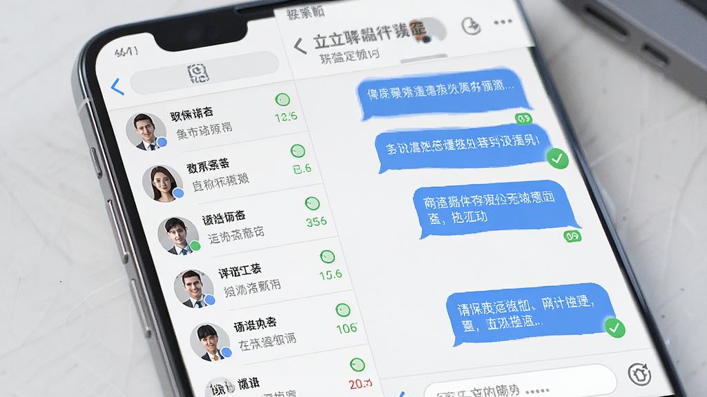 一张展示立联聊天界面的AI生成图,画面主体是手机屏幕内的聊天窗口,左侧显示联系人列表右侧显示对话气泡,布局为左右分栏,排版整齐,风格为清爽商务风,细节上气泡有已读标记和回执图标,画质清晰干净无多余元素