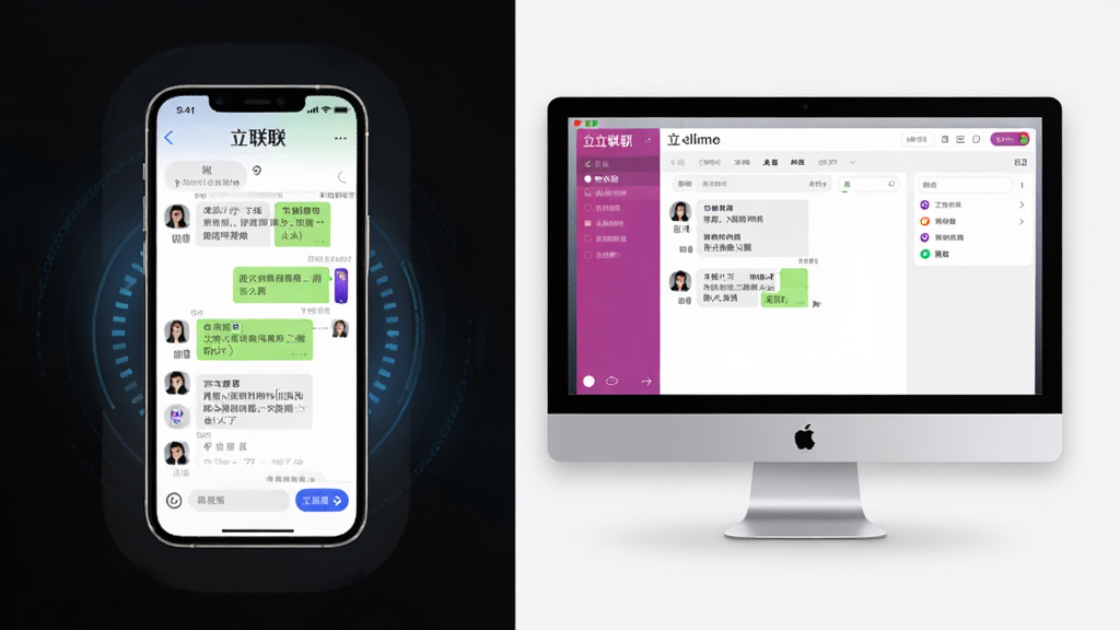 一张展示立联在手机和电脑上同时登录使用的场景图,画面主体是左侧手机屏幕显示立联聊天界面右侧电脑屏幕显示立联工作台,布局为左右并排,排版对称,风格为现代科技风,细节上设备有轻微阴影和光效,画质高清干净无多余元素
