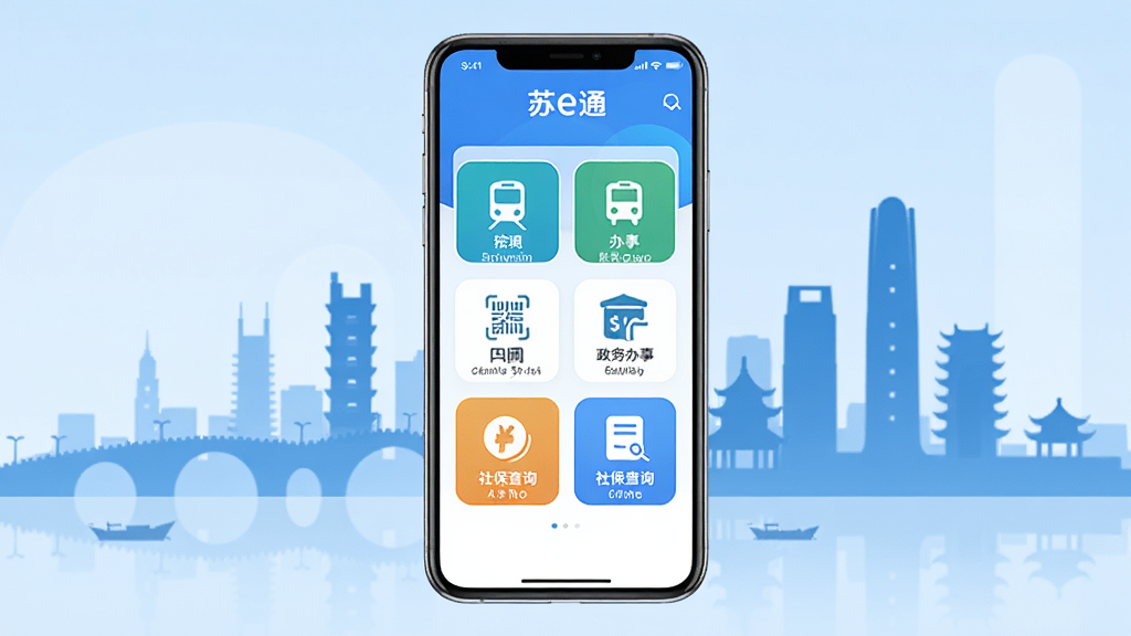 手机屏幕中央展示“苏e通”应用主界面,背景是苏州城市剪影,画面布局为居中竖版构图,排版简洁明了,风格为现代扁平化科技感,细节包括界面中的地铁扫码、政务办事、社保查询等图标按钮,画质清晰干净,无多余元素