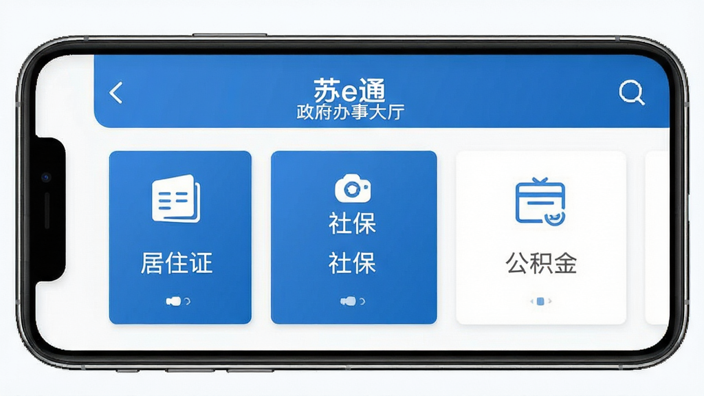 手机界面展示“苏e通”政务办事大厅页面,主体为手机屏幕,布局为居中展示,排版采用卡片式功能入口排列,风格为清爽简约的商务蓝白配色,细节包括居住证、社保、公积金等文字图标,画质高清干净,无多余元素