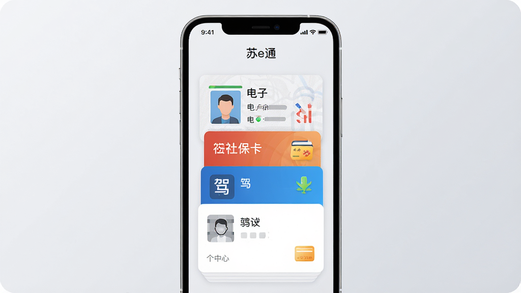 手机屏幕展示“苏e通”个人中心卡包界面,背景为简洁的浅灰渐变,布局为居中竖版,排版采用卡片堆叠式设计,风格为极简科技风,细节包括电子身份证、社保卡、驾驶证等卡片图标,画质高清干净,无多余元素