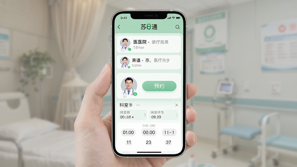 手机界面展示“苏e通”医疗挂号页面,主体为手机屏幕,布局居中,排版上方为医院列表下方为科室选择,风格为柔和清新的浅绿色调,细节包括医生头像、预约按钮、时间选择器,画质清晰干净,无多余元素