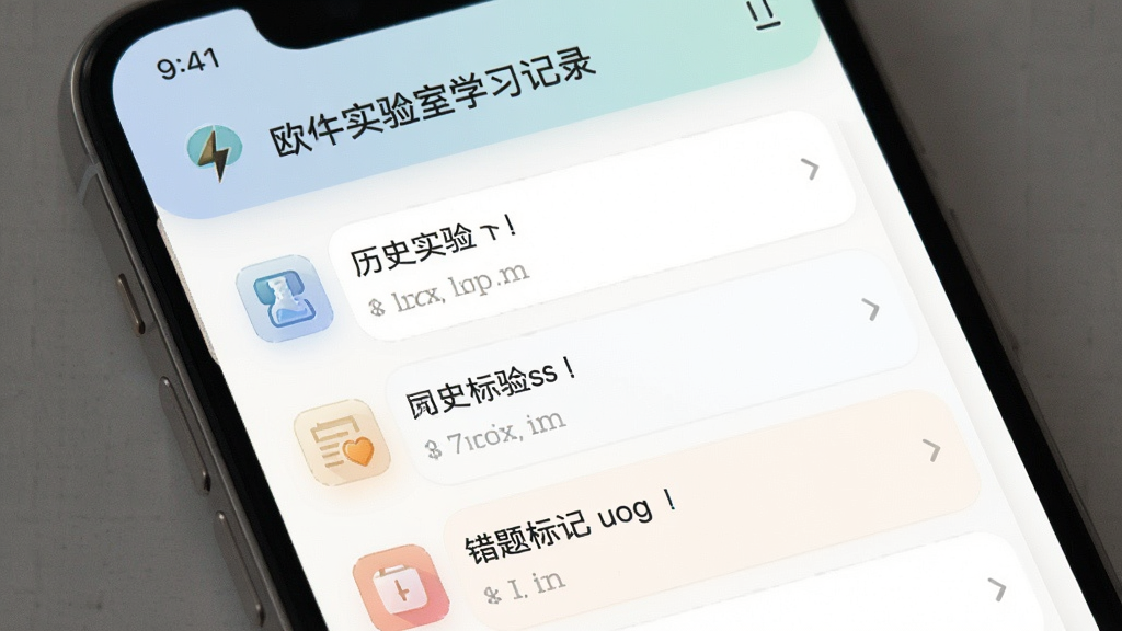 欧拉实验室学习记录页面截图,手机屏幕展示历史实验列表和错题标记,界面配色柔和,图标精致,画质干净无杂乱