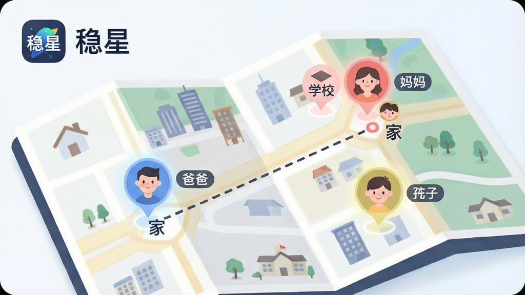 一张表现稳星实时位置共享功能的AI生图,画面主体是一张展开的电子地图,地图上有三个不同颜色的头像标记分别代表爸爸、妈妈和孩子,每个标记旁边有名字标签,地图上还有一条虚线连接着“家”和“学校”两个地点图标。布局上地图占据画面主要区域,左上角有“稳星”应用图标和名称文字,风格为扁平化插画风,细节包括地图街道纹理、建筑轮廓、标记带有柔和光晕,画质干净清晰,无多余装饰元素。