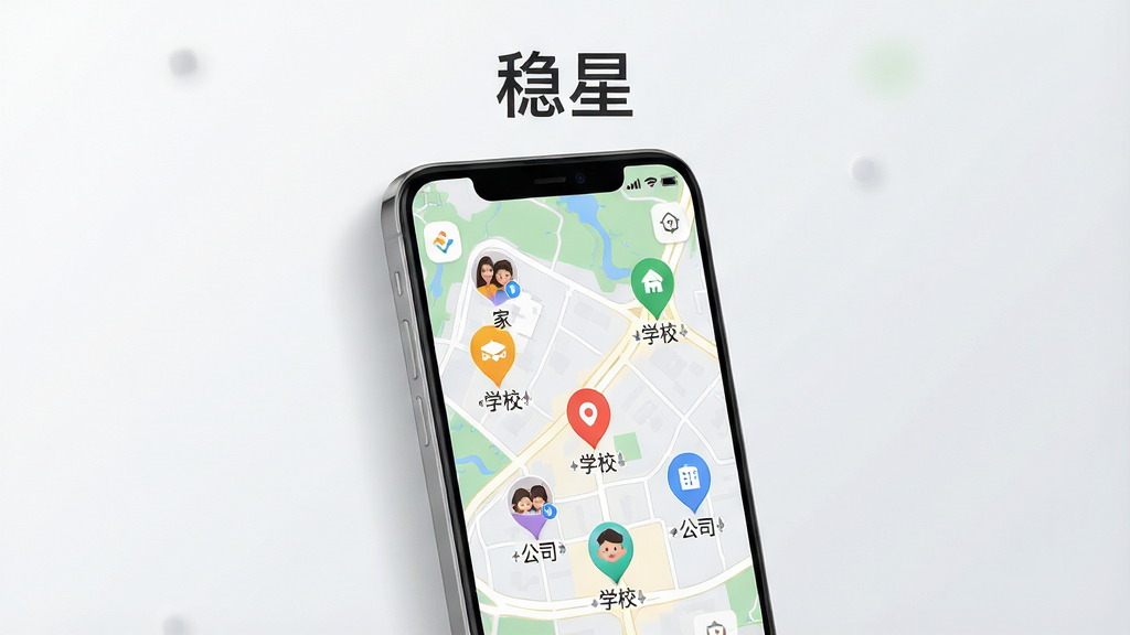 一张展示稳星手机应用界面的预览图,画面主体是一部竖屏安卓手机,屏幕中显示着带有家人头像标记的电子地图,地图上有多个不同颜色的位置图钉,分别标注着“家”“学校”“公司”等地点名称,手机上方悬浮着“稳星”应用名称的文字标识。画面布局采用居中构图,手机微微倾斜展示屏幕内容,背景为干净的浅灰色渐变,风格偏向现代科技与生活关怀结合,细节上手机边缘有柔和阴影,地图界面清晰可辨,画质干净清晰,无多余杂乱元素。