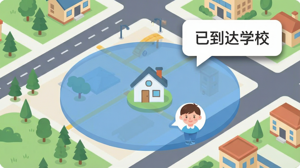 一张展示稳星安全区域提醒功能的生图,画面中心是一个圆形半透明的蓝色区域覆盖在地图上,区域中央有一个房子图标,区域边缘有一个小孩头像标记正在进入,画面右上角弹出一个通知气泡,上面写着“已到达学校”。布局采用斜俯视地图视角,风格为清新扁平插画,细节包括地图上的道路、树木、建筑物,通知气泡有轻微投影,画质干净,无多余元素。