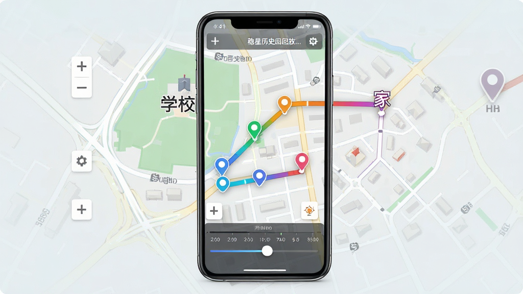 一张表现稳星历史轨迹回放功能的AI生图,画面主体是手机屏幕中显示的地图界面,地图上有一条从“学校”出发经过多个街道最终到达“家”的彩色轨迹线,轨迹上有若干圆形停留点标记,屏幕底部有一个横向时间轴滑块。布局为竖屏手机正面展示,风格为写实科技风,细节包括地图缩放控件、时间标签、轨迹颜色渐变,画质清晰干净,无多余杂乱内容。