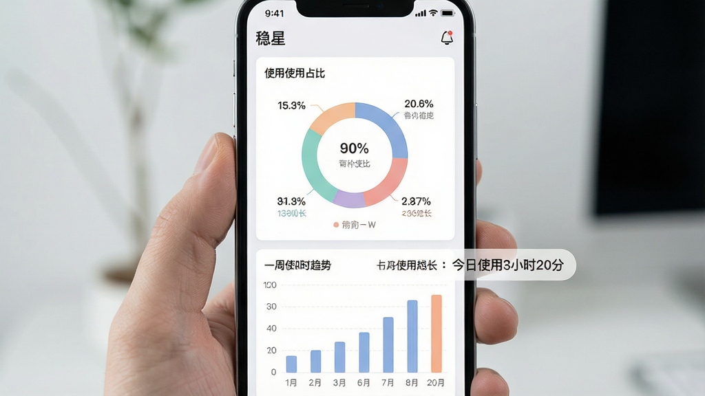 一张展示稳星手机使用报告功能的生图,画面主体是一个手机屏幕中的数据看板,顶部有“稳星”应用名称,中间是环形图显示不同应用的使用占比,下方是柱状图显示一周使用时长趋势,旁边有“今日使用3小时20分”的文字标签。布局为竖屏手机界面居中展示,风格为简约商务风,细节包括图表颜色柔和、数据标签清晰、背景为浅色,画质干净清晰,无多余装饰。