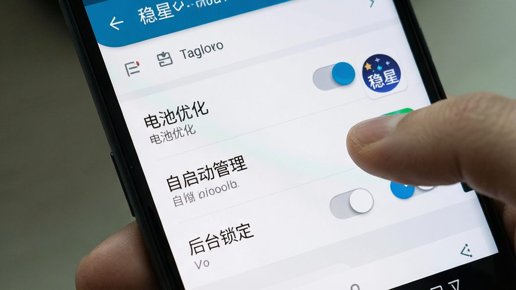 一张表现稳星安装设置引导的手机界面生图,画面主体是一部安卓手机显示设置页面,页面上有“电池优化”“自启动管理”“后台锁定”三个开关选项,其中“电池优化”开关被手指点击关闭,旁边有“稳星”应用图标。布局为竖屏手机特写,风格为写实UI风格,细节包括设置项文字清晰、开关有按压效果、背景为系统设置界面,画质干净清晰,无多余元素。