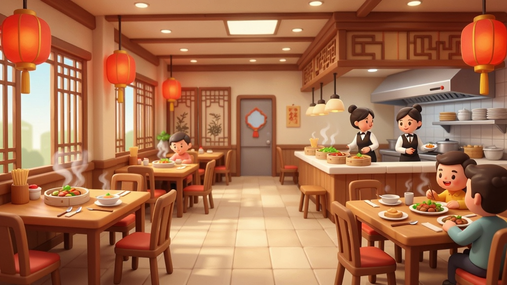 中餐厅软件主界面全景展示,主体为一间装修温馨的中式餐厅大堂,布局包含木质桌椅、红灯笼、屏风与开放式厨房,排版采用横向宽幅构图,风格为卡通渲染与轻写实结合,细节包含热气腾腾的菜品、忙碌的服务员与满意用餐的顾客,画质为高清1080P,干净明亮,无多余元素