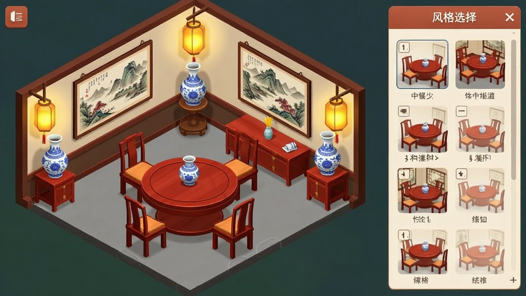 中餐厅餐厅装潢定制界面,主体为一间可自由布置的中式餐厅内部,布局包含拖拽式家具摆放区域与右侧风格选择面板,排版为左右分栏,风格为等距视角模拟经营界面,细节包含红木圆桌、青花瓷瓶、山水挂画与暖色灯光,画质清晰,界面干净,无多余元素