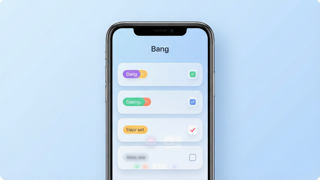 软件名称“Bang”主界面预览图,画面中央展示一部智能手机,手机屏幕显示简洁的任务列表界面,包含彩色标签和勾选框,背景为柔和的浅蓝色渐变,布局采用居中对称式构图,风格为现代扁平化UI设计,细节包含圆角卡片、阴影层次和轻微的毛玻璃效果,画质清晰,干净无多余元素,无杂乱文字,屏幕内文字内容需包含“Bang”字样。