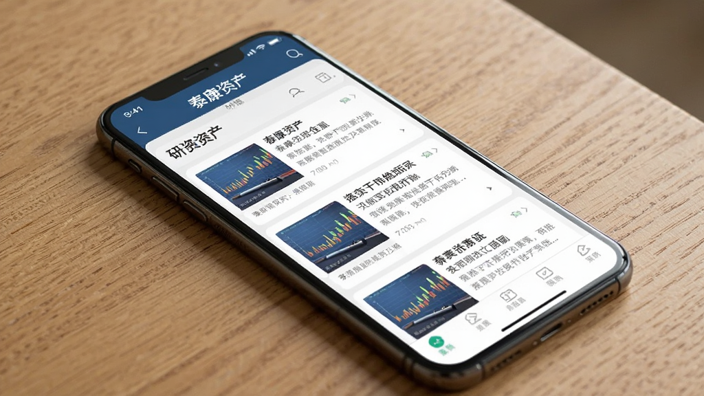 一幅展示金融资讯阅读界面的场景图,画面中一部智能手机平放在木质桌面上,屏幕显示