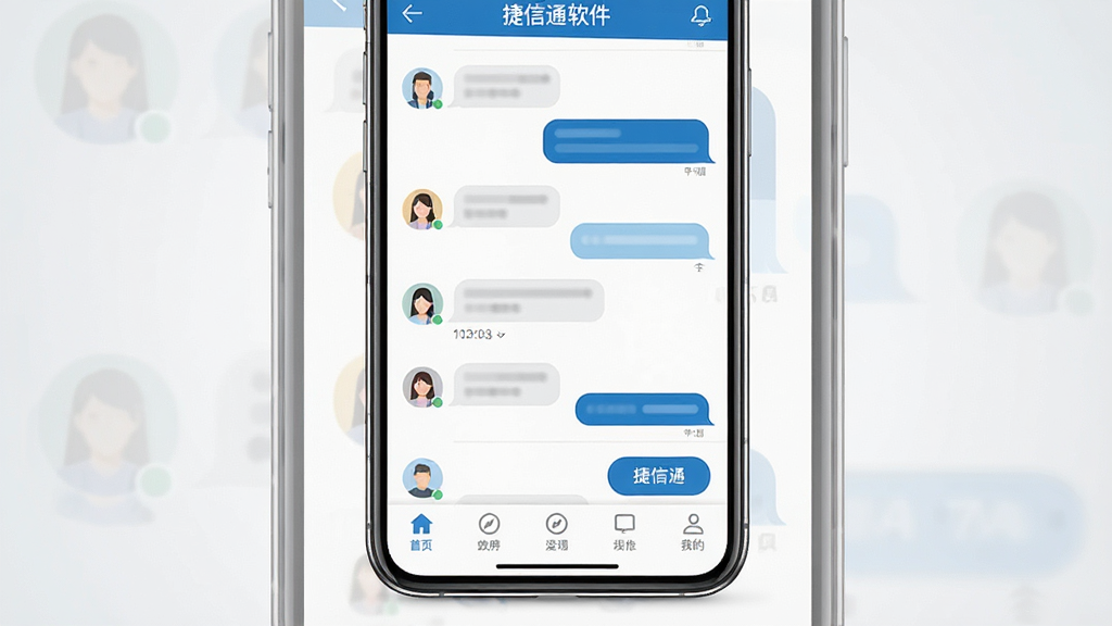 捷信通软件主界面展示图,画面中央是手机屏幕,屏幕上显示捷信通APP的聊天列表与底部导航栏,整体布局简洁清晰,采用蓝白配色风格,背景为干净的浅灰色渐变,画面风格为扁平化UI设计展示,细节包括消息气泡、头像图标、功能按钮,画质清晰,干净,无多余元素