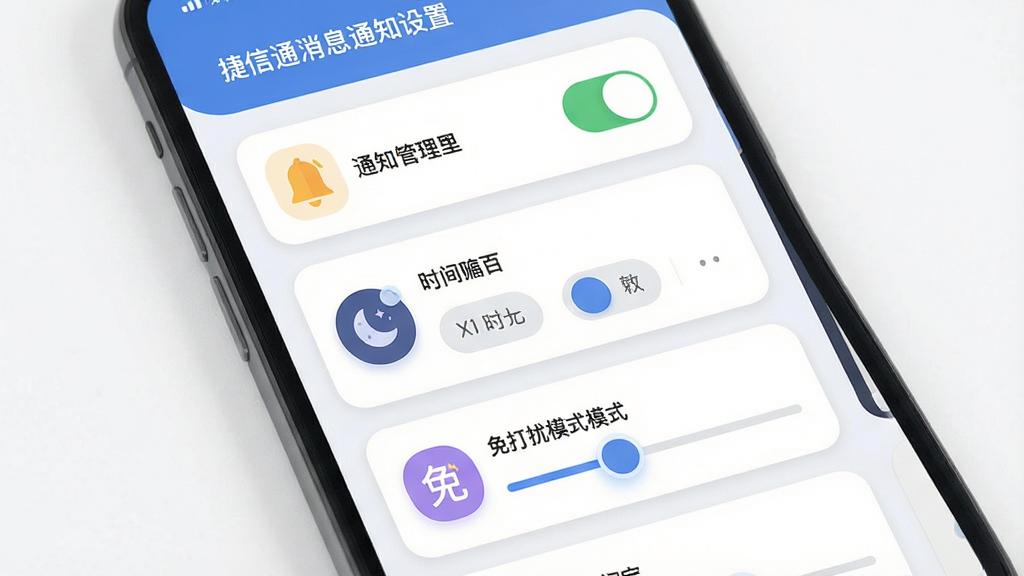 捷信通消息通知设置界面展示图,画面中心为手机屏幕,屏幕上显示通知管理选项列表,包含开关按钮、时间选择器、免打扰模式图标,布局采用分组卡片式结构,风格为柔和圆角扁平化设计,细节包括铃铛图标、月亮图标、滑块控件,画质清晰,干净,无多余元素
