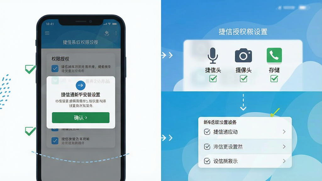 捷信通新手安装设置步骤示意图,画面主体为手机屏幕,屏幕上显示权限授权弹窗与设置选项,包含麦克风、摄像头、存储等图标,布局采用上下分步展示,风格为简洁明快的扁平化插画,细节包括勾选框、确认按钮、提示文字,画质清晰,干净,无多余元素