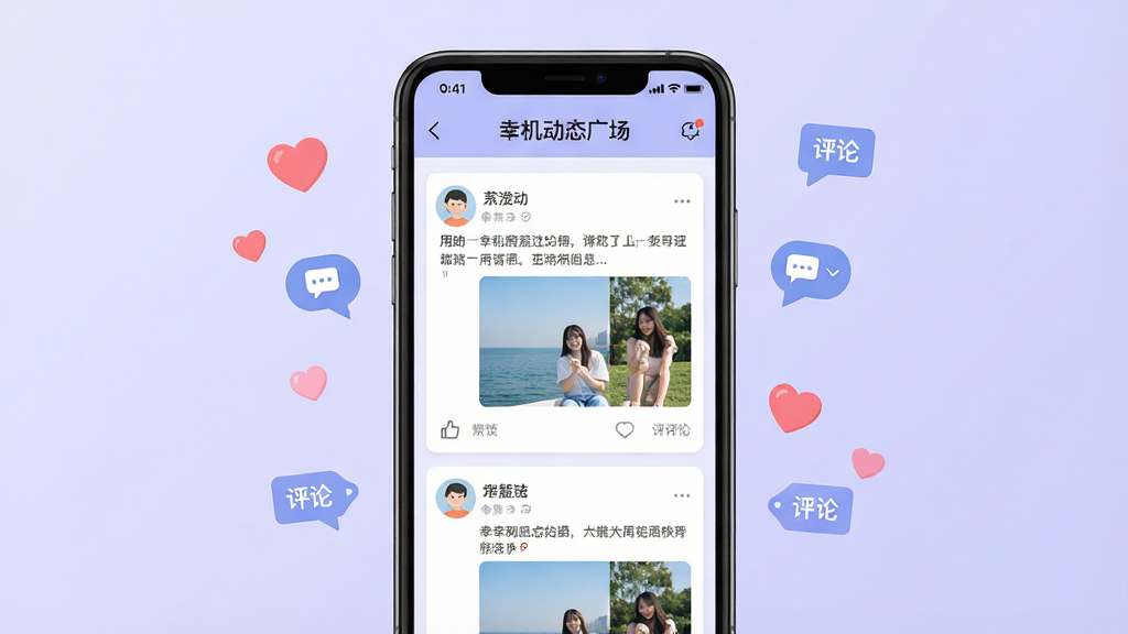 һ��չʾ�һ���̬�㳡������ֻ���ͼ���ͼ�������������ֻ���Ļ����Ļ����ʾ�����û���̬��Ƭ������ͷ�����֡�ͼƬ�͵������۰�ť������Ϊ����ɫ���䣬��Χ�а��ġ��������ݺͱ�ǩԪ�أ�����Ϊ����չʾ�����Ϊ���±�ƽ����ϸ����ͻ�����һ���̬�㳡�����������ʸ��壬����ɾ����޶���Ԫ��