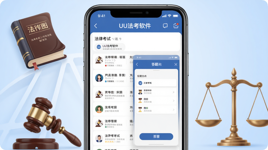 UU法考软件主界面预览图,画面中央展示一部智能手机,手机屏幕上呈现法律考试题库列表与答题卡界面,背景为浅蓝色渐变,周围点缀法典与天平元素,整体风格简洁商务,画质清晰,干净无多余元素
