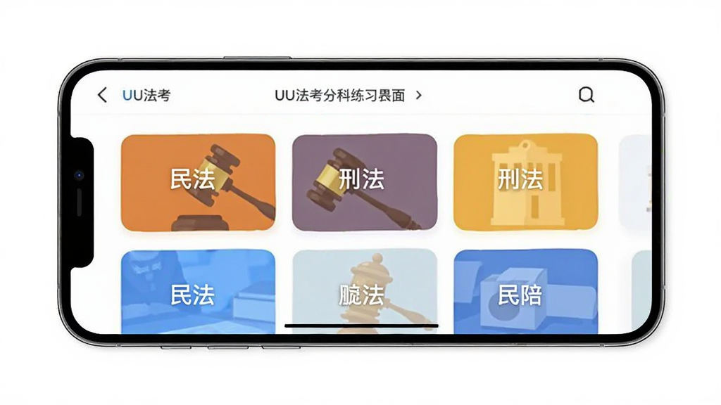 UU法考分科练习界面展示图,画面中一部手机横屏展示,屏幕内呈现多个法律科目分类卡片,卡片上有民法刑法等文字标签,背景为纯白色,风格清新简约,画质清晰,干净无多余元素