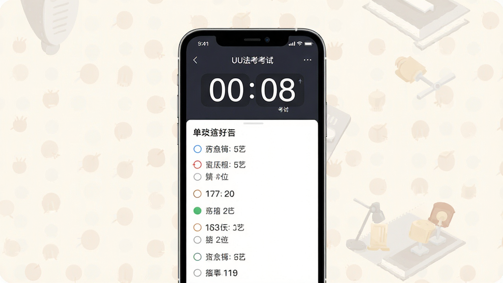 UU法考模拟考试计时答题界面图,画面中央一部手机竖屏显示,屏幕上方有倒计时数字,下方为单选题选项,背景为柔和米白色,风格沉稳专注,画质清晰,干净无多余元素