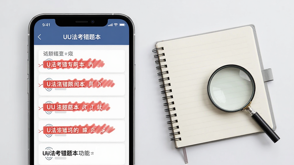 UU法考错题本功能界面图,画面展示一部手机屏幕内错题列表与红色标记,旁边有笔记本与放大镜元素,背景为浅灰色,风格干净利落,画质清晰,无多余元素