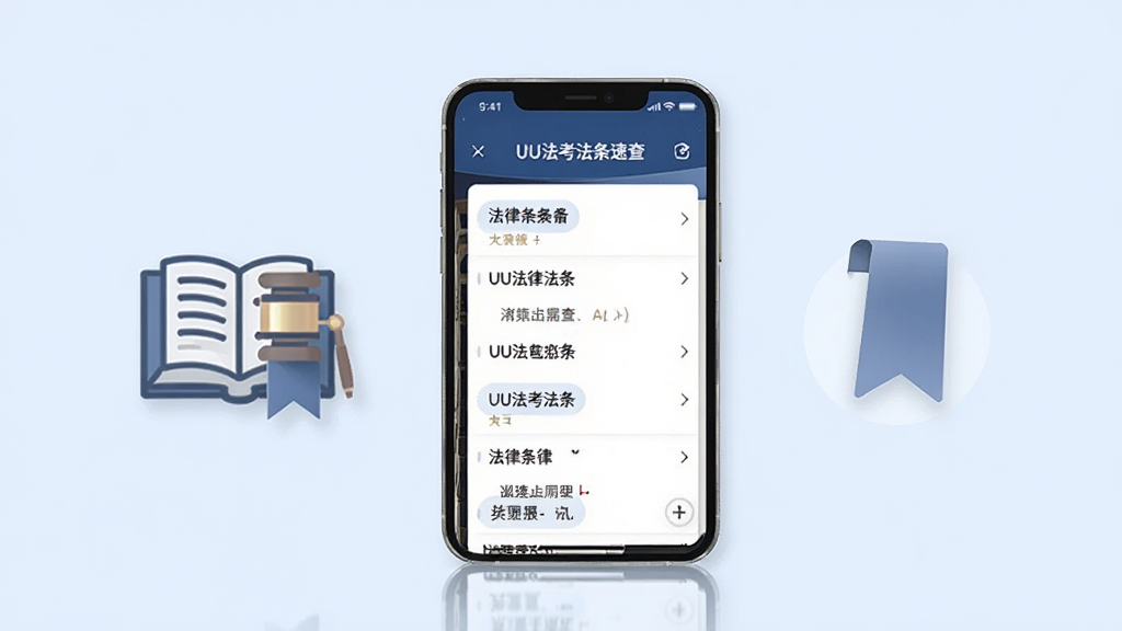 UU法考法条速查界面图,画面中一部手机显示法律条文列表,屏幕旁有书籍与书签图标,背景为淡蓝色,风格专业严谨,画质清晰,干净无多余元素