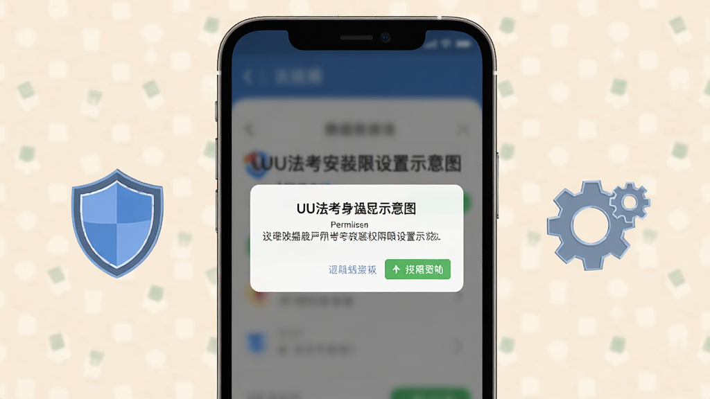 UU法考安装权限设置示意图,画面展示一部手机屏幕弹出权限请求对话框,旁边有盾牌与齿轮图标,背景为浅色,风格简洁明了,画质清晰,干净无多余元素