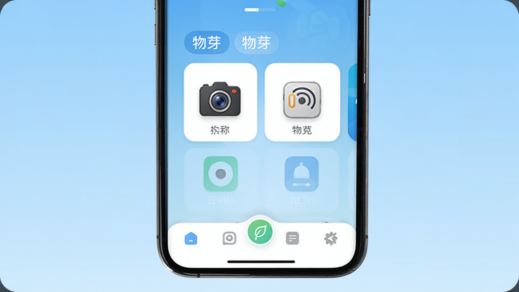手机屏幕中央展示“物芽”应用主界面,上方是设备卡片列表,包含摄像头、传感器图标,下方是底部导航栏;背景为浅蓝色渐变,风格简洁现代,细节清晰,图标圆润,画质干净,无多余元素,2K分辨率