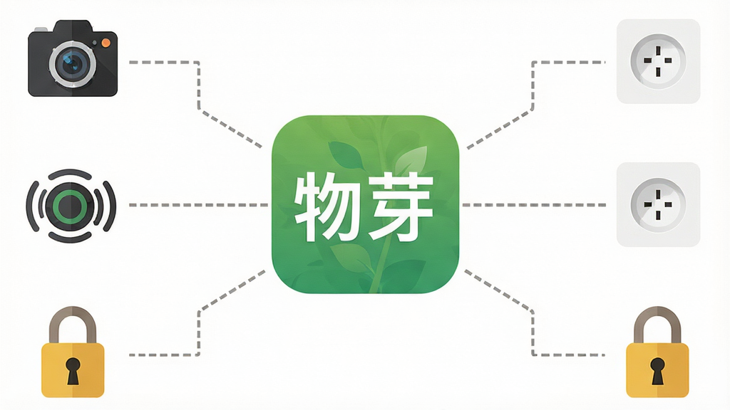 一张俯视角度示意图,中心是“物芽”应用图标,四周延伸出摄像头、传感器、智能插座、门锁等设备图标,用虚线连接表示统一管理;背景白色,风格扁平化,细节清晰,画质干净,无多余元素