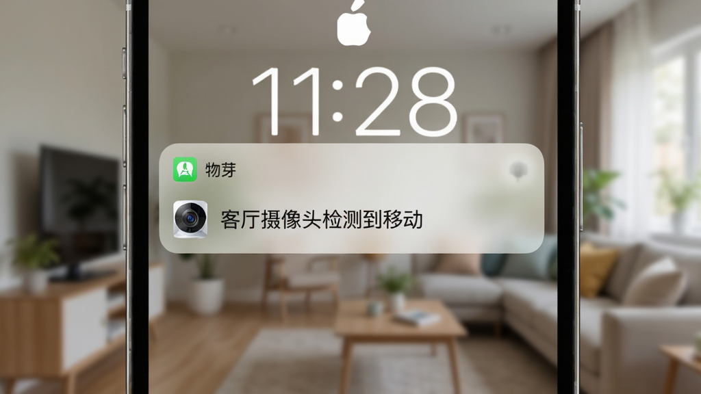 手机锁屏界面弹出“物芽”通知卡片,卡片上显示“客厅摄像头检测到移动”字样,背景是居家环境虚化图;风格简洁,细节清晰,画质干净,无多余元素