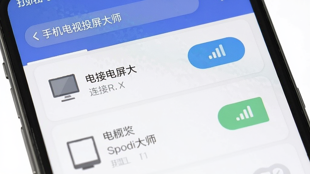 手机电视投屏大师一键投屏功能展示,主体为手机屏幕显示搜索到的电视设备列表,布局为手机界面特写,排版清晰,风格为扁平化UI设计,细节包括设备名称、连接按钮、信号强度图标,画面中出现“手机电视投屏大师”字样,画质清晰,干净,无多余元素