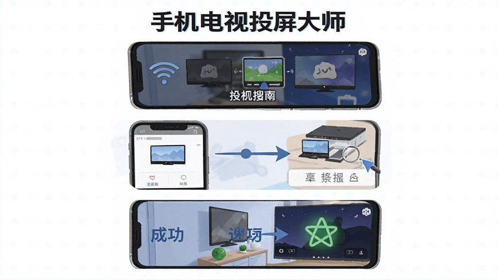 手机电视投屏大师新手操作指南示意图,主体为手机屏幕显示投屏步骤,布局为分步图解,排版从上到下,风格为教程插画,细节包括WiFi连接图标、设备搜索界面、投屏成功画面,画面中出现“手机电视投屏大师”字样,画质清晰,干净,无多余元素