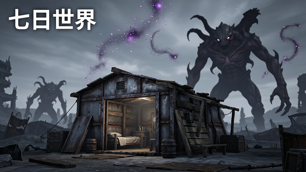 一张以末日废土为背景的游戏场景图,画面中央是一座由金属与木材搭建的玩家庇护所,远处有巨大的畸变体怪物剪影,天空中漂浮着紫色的星尘物质,画面左上角写着