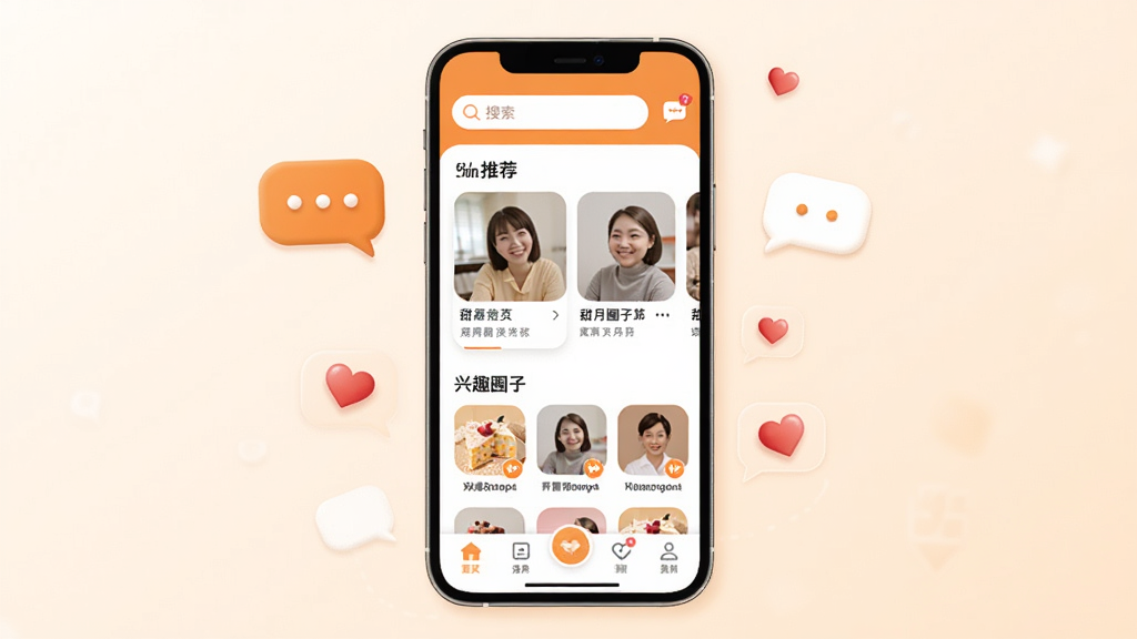 甜月圈社交应用主界面截图,画面中央展示手机屏幕,屏幕内是甜月圈APP首页,顶部有搜索栏和消息图标,中部展示推荐用户卡片和兴趣圈子入口,底部为导航栏,整体配色以暖橙色和白色为主,风格清新简约,手机周围点缀聊天气泡和爱心图标,背景为浅色渐变,画质清晰干净,无多余元素