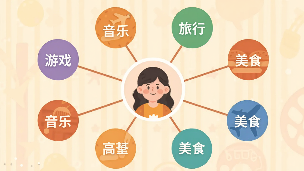甜月圈兴趣圈子功能展示图,画面展示多个圆形兴趣标签围绕一个中心用户头像,标签上写着“游戏”“音乐”“旅行”“美食”等字样,用户头像通过线条连接至不同标签,背景为柔和的暖色调,风格扁平化插画,画质干净清晰,无多余装饰