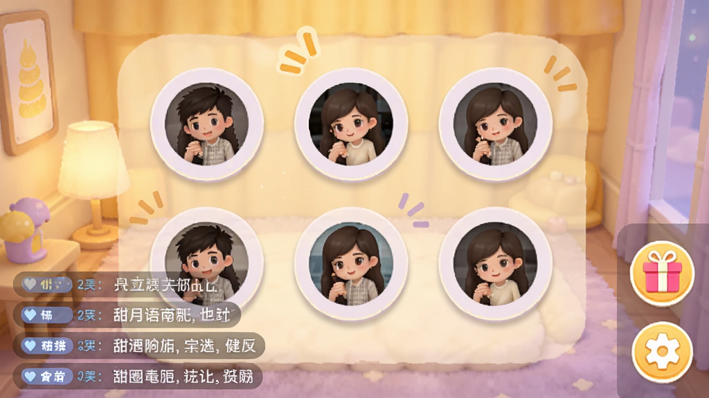 甜月圈语音房界面示意图,画面展示一个虚拟房间场景,中间有多个圆形麦位图标,部分麦位上有用户头像,下方有弹幕文字滚动,右侧有礼物按钮和设置图标,整体风格温馨活泼,配色以暖黄和浅紫为主,画质清晰,无杂乱元素