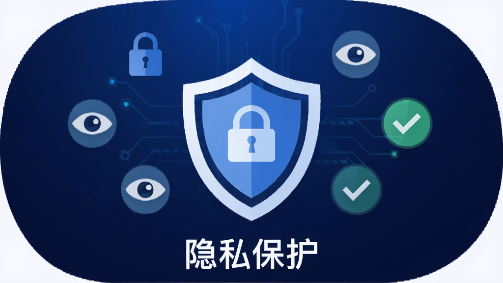 甜月圈隐私安全功能示意图,画面展示一个盾牌图标位于中心,周围环绕锁头、眼睛、对勾等小图标,盾牌下方有“隐私保护”字样,背景为深蓝色渐变,风格科技感扁平插画,画质干净清晰,无多余装饰