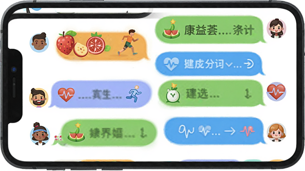 一张康益荟健康社交场景的示意图,画面主体是一群卡通风格的用户在手机屏幕内进行聊天互动,聊天内容包含水果、跑步、心率等健康图标,布局为横向排列的聊天气泡,风格清新活泼,细节上体现多样化头像和健康元素,画质明亮,干净,无多余元素
