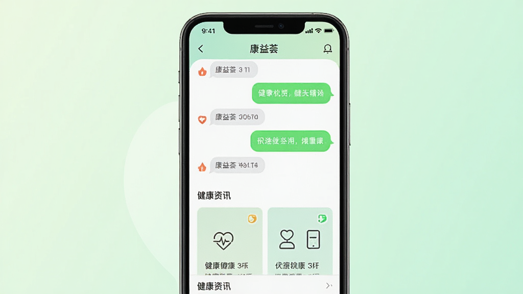 一张展示康益荟手机应用主界面的图片,画面中央是一部智能手机,屏幕上显示康益荟APP的聊天列表和健康资讯卡片,背景为柔和的浅绿色渐变,布局干净整洁,风格现代简约,细节上突出聊天气泡和健康图标,画质清晰,干净,无多余元素