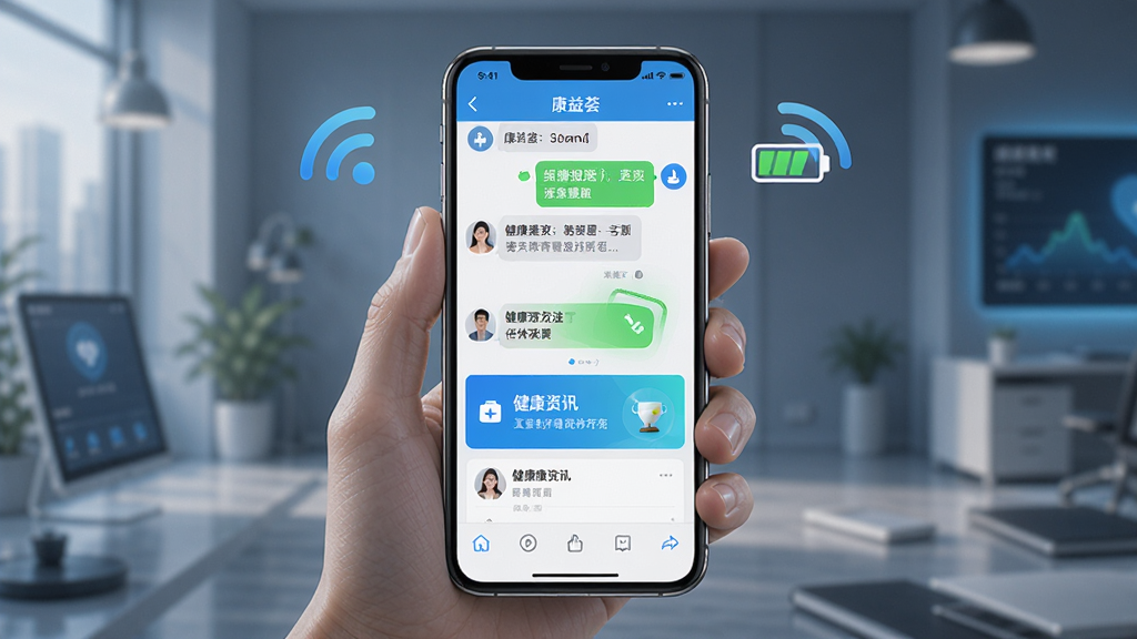 一张展示康益荟在手机上运行流畅的示意图,画面主体为一部手持智能手机,屏幕显示聊天界面和健康资讯,周围有网络信号和电池图标,布局为居中构图,风格科技感十足,细节上体现流畅动画和清晰文字,画质高清,干净,无多余元素