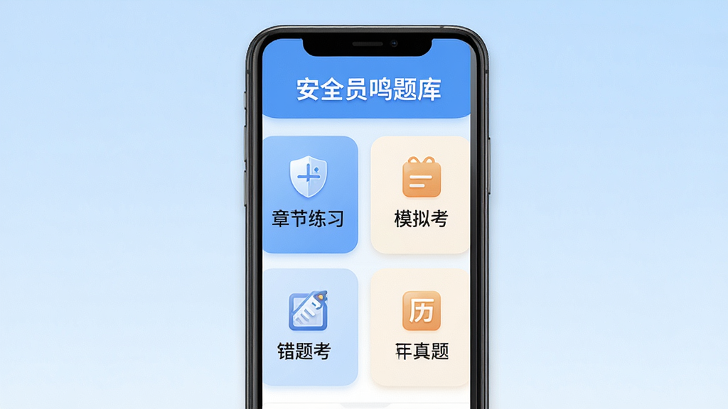 一款名为安全员鸣题库的手机应用界面展示图,画面中央是一部竖屏智能手机,手机屏幕显示安全员鸣题库首页,顶部有安全员鸣题库字样,下方排列章节练习模拟考试错题重做历年真题四个功能入口卡片,背景为浅蓝色渐变,整体布局简洁清晰,风格为写实UI展示,细节包括图标圆角和文字排版工整,画质高清干净无多余元素