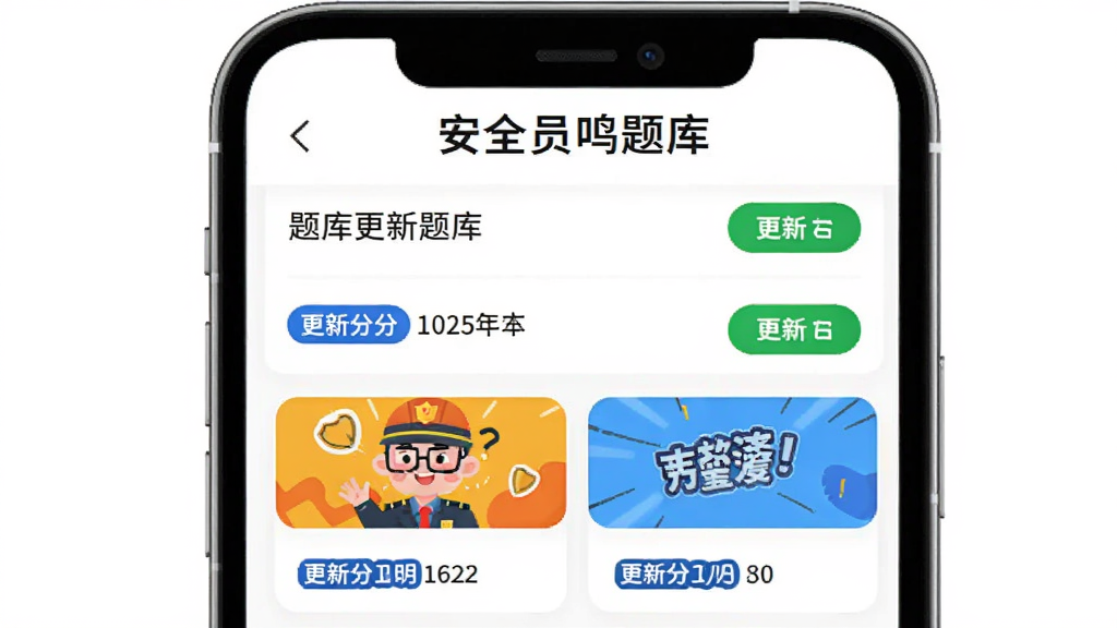 安全员鸣题库题库更新功能展示图,画面中央一部手机屏幕显示题库更新列表,上方有安全员鸣题库标题,下方列出生动活泼的题目卡片和更新日期标签,背景为纯白色,风格为扁平化UI设计,细节包括绿色更新按钮和蓝色题目分类标签,画质高清干净无多余元素