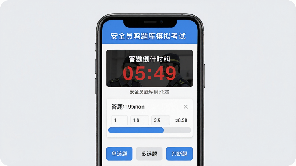 安全员鸣题库模拟考试界面展示图,画面中央一部手机屏幕显示考试倒计时和答题卡,上方标注安全员鸣题库模拟考试,下方有单选题多选题判断题按钮,背景为淡灰色,风格为教育类应用UI,细节包括红色倒计时数字和蓝色答题进度条,画质高清干净无多余元素