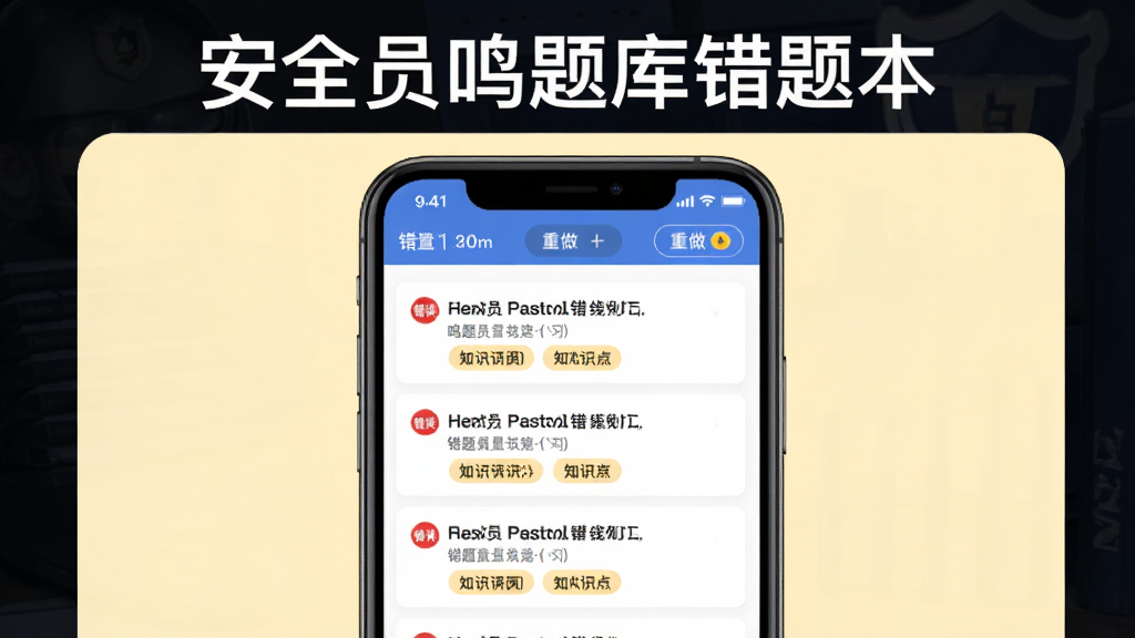 安全员鸣题库错题本功能展示图,画面中央一部手机屏幕显示错题列表,上方有安全员鸣题库错题本标题,下方每道错题带有红色错误标记和知识点标签,背景为浅黄色,风格为学习工具类UI设计,细节包括错题数量统计和重做按钮,画质高清干净无多余元素